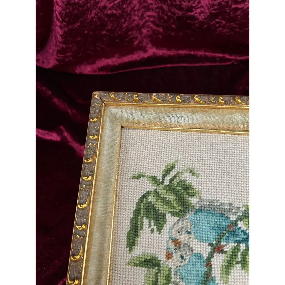 Vintage Mid Century Framed Needlepoint Wall Art Blue Parakeet Birds On A Branch